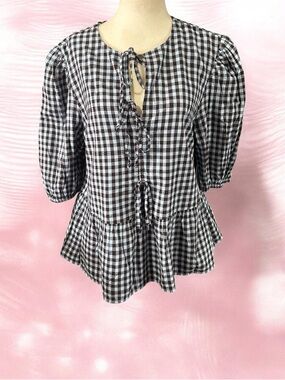 Time and Tru Brown and White Gingham Peplum Tie-Front Blouse Size Large NWT